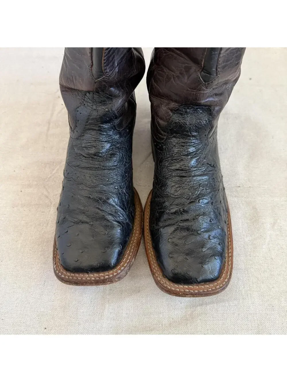Larry Mahan Cowboy Black Ostrich Leather Square Toe with Brown Shaft Men Size 7